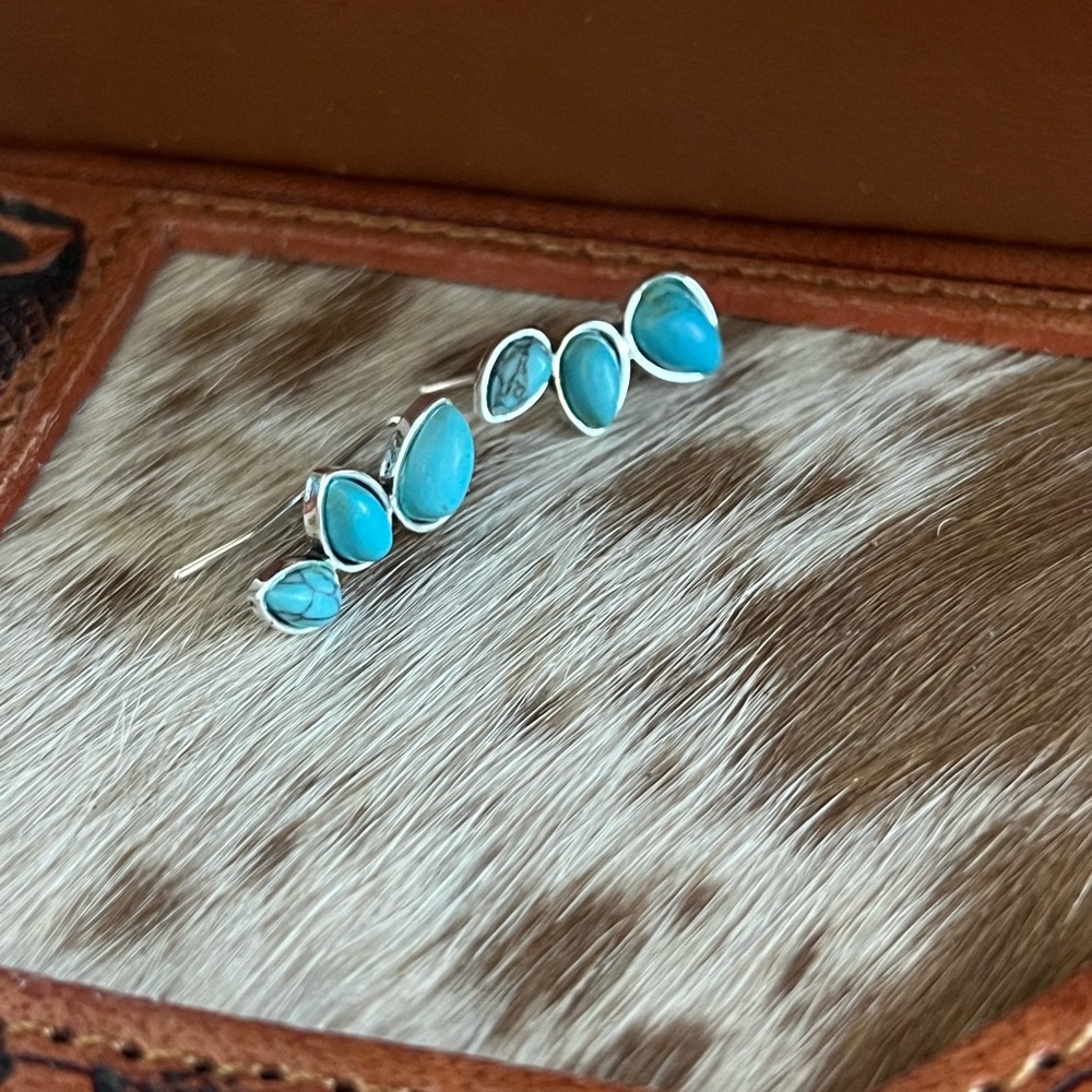 Western Boho Faux Blue turquoise 3 Stone Climber Cluster Silver Earrings